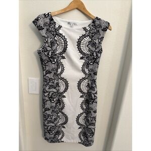 Maggy London Black and White Lace-Print Cap Sleeve Sheath Dress